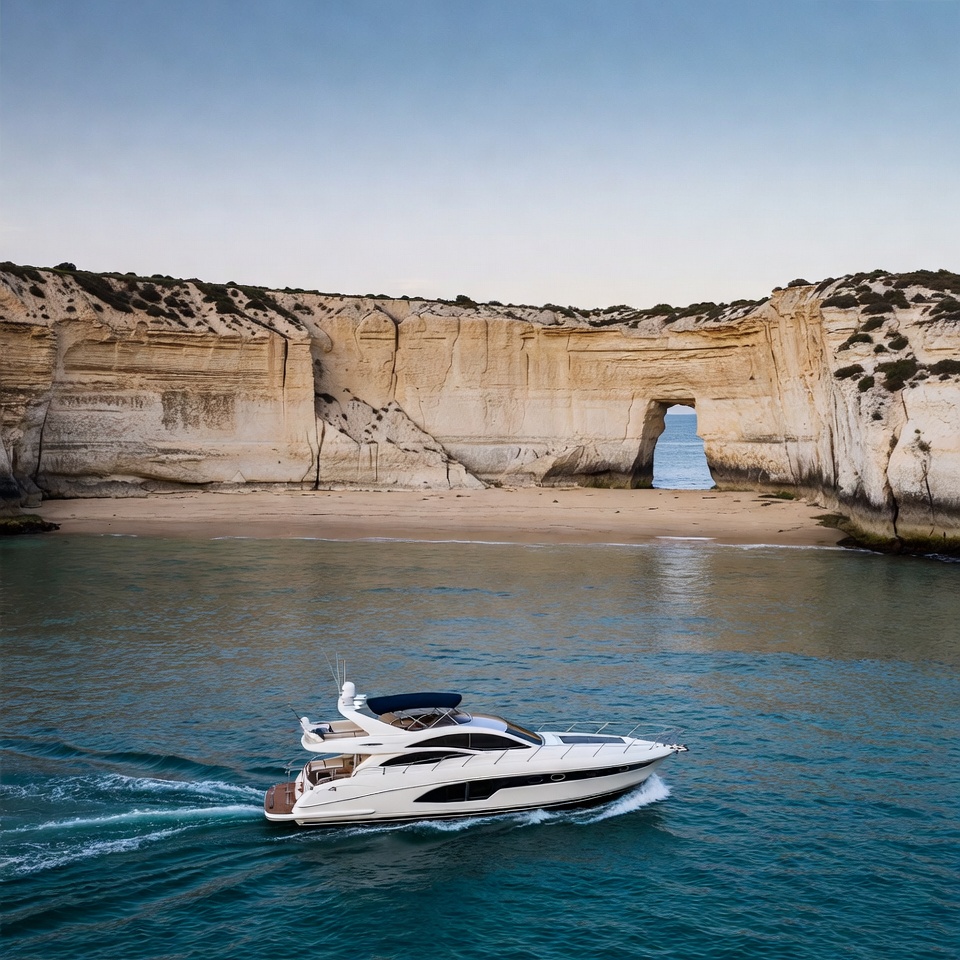 Yacht cruising near coastal cliffs Yacht cruising near coastal cliffs