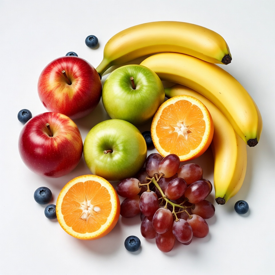 Fresh fruit arrangement on white surface Fresh fruit arrangement on white surface