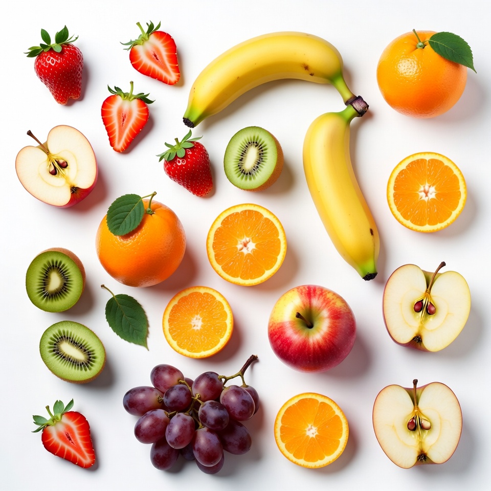 Fresh fruit arrangement on white surface Fresh fruit arrangement on white surface