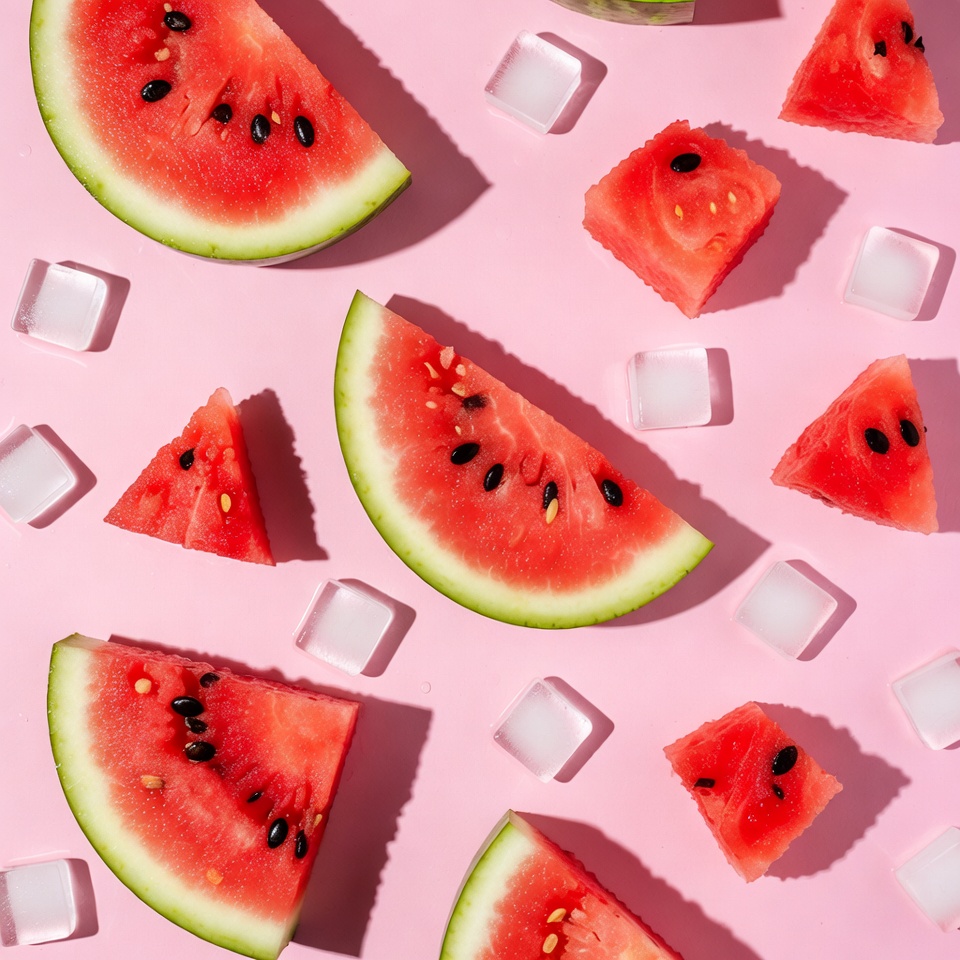 Slices of watermelon on pink background with ice Slices of watermelon on pink background with ice