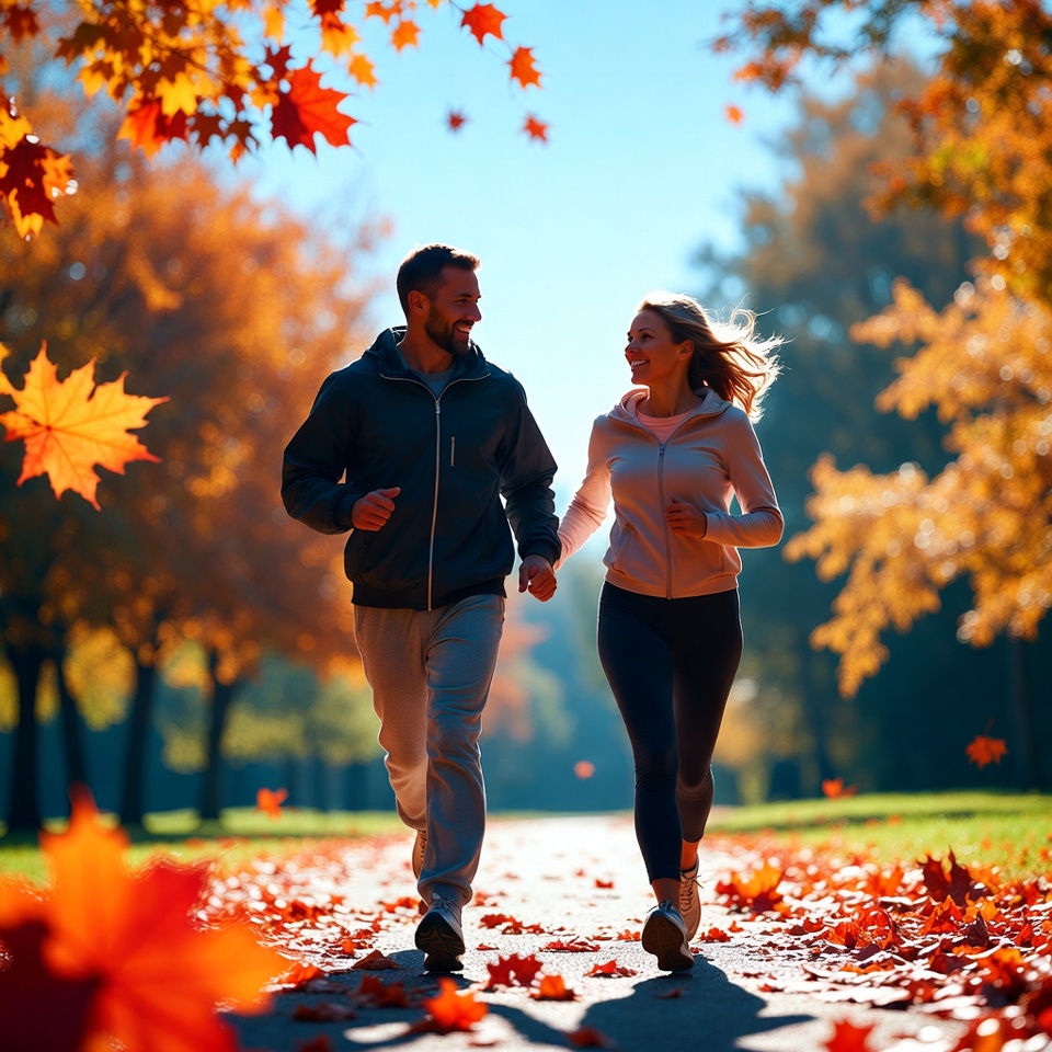 Couple running among autumn leaves Couple running among autumn leaves