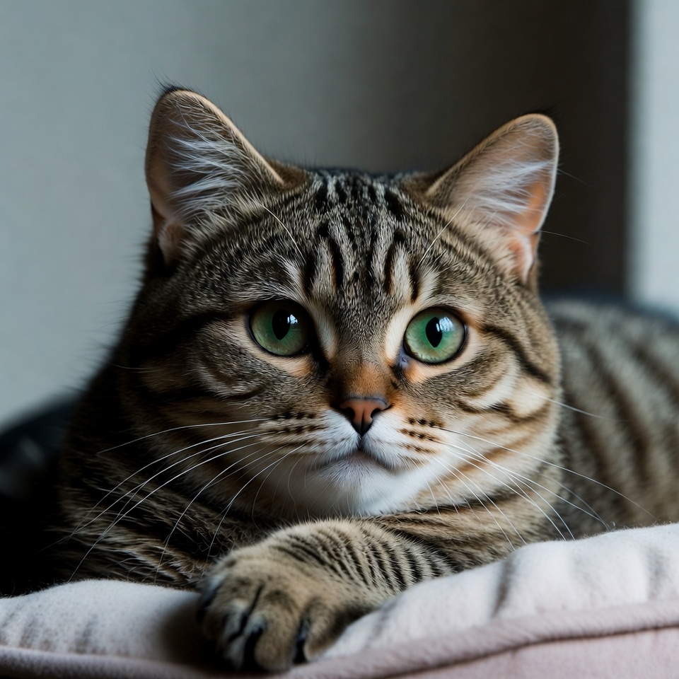 Cat resting indoors with focused gaze Cat resting indoors with focused gaze