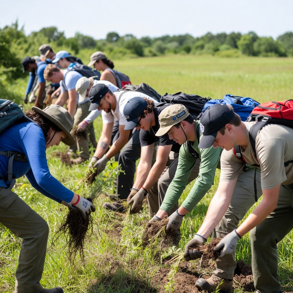Group planting trees on sunny day Group planting trees on sunny day