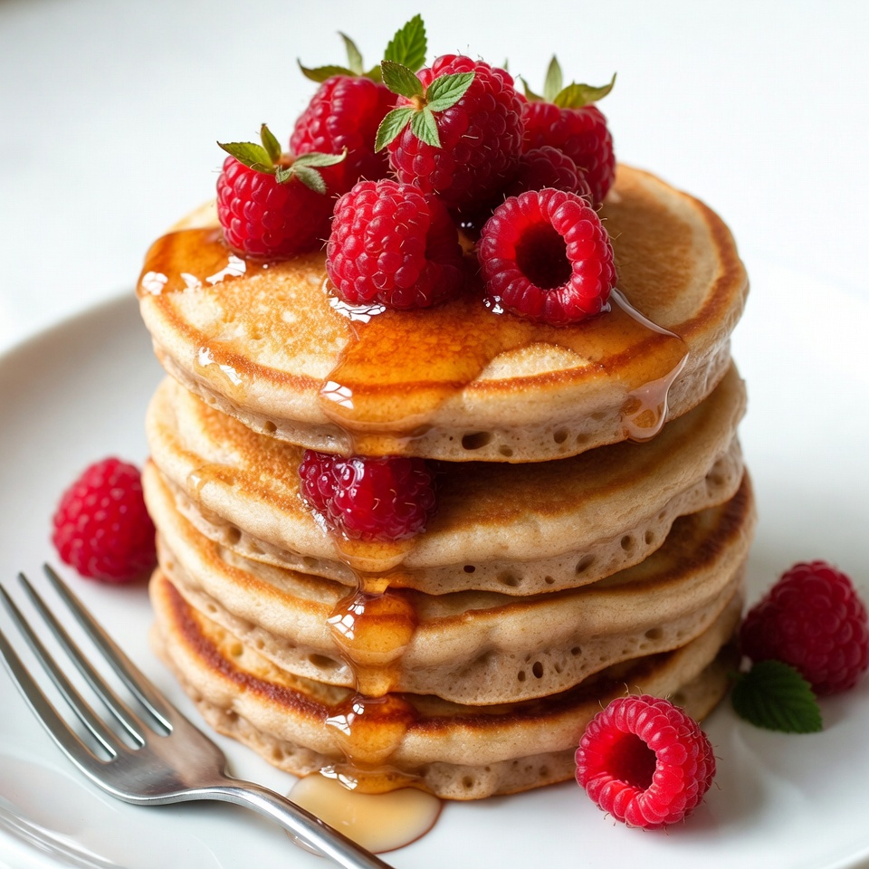 Stacked pancakes with raspberries and syrup Stacked pancakes with raspberries and syrup