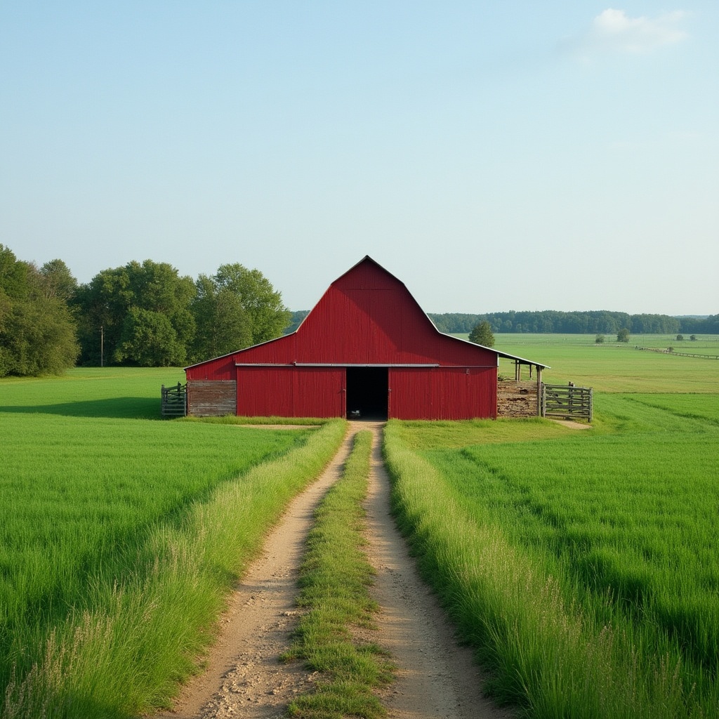Red barn on farm with dirt road Red barn on farm with dirt road