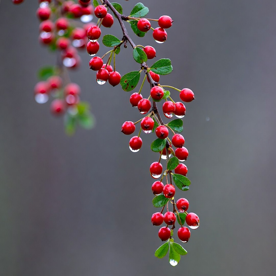 Red berries with water droplets on branch Red berries with water droplets on branch