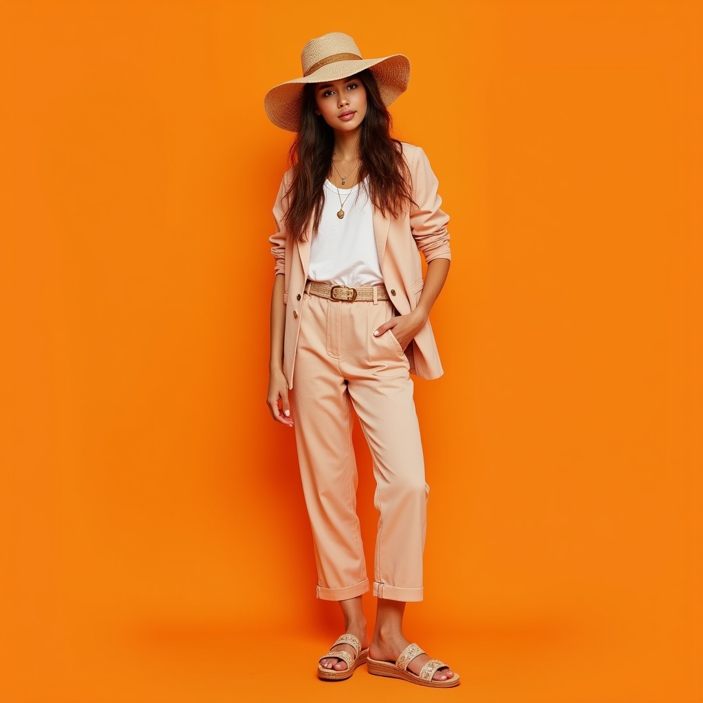 Fashion model in light outfit with hat Fashion model in light outfit with hat