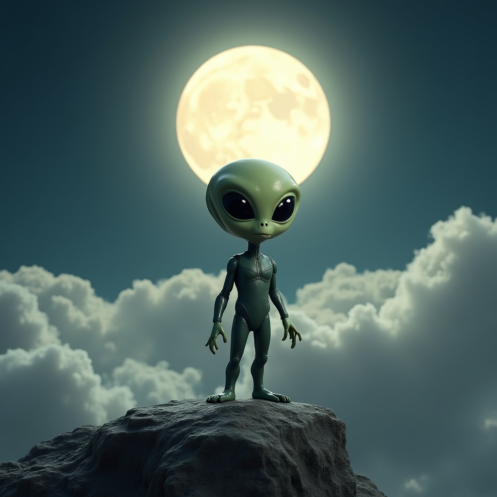 Alien figure stands on rock at night Alien figure stands on rock at night