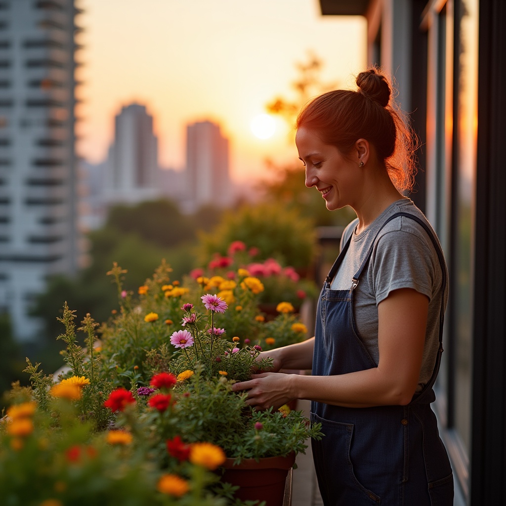 Gardening on balcony at sunset Gardening on balcony at sunset