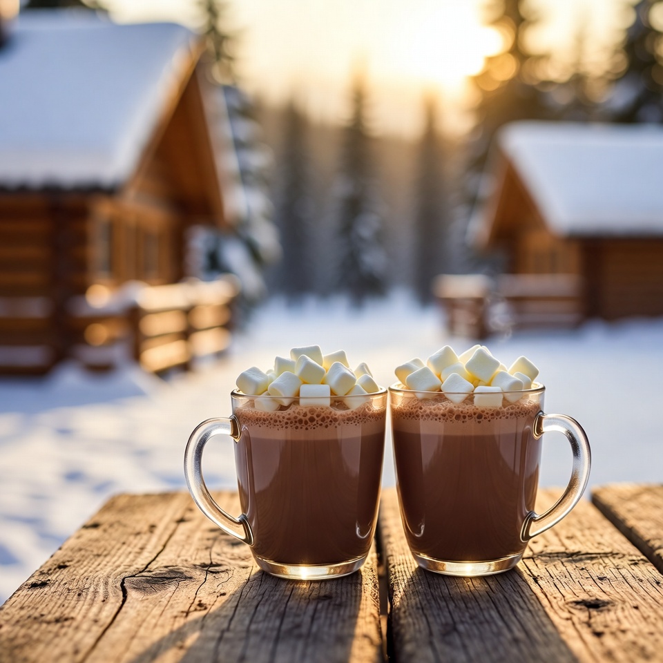 Warm drinks in snowy setting Warm drinks in snowy setting