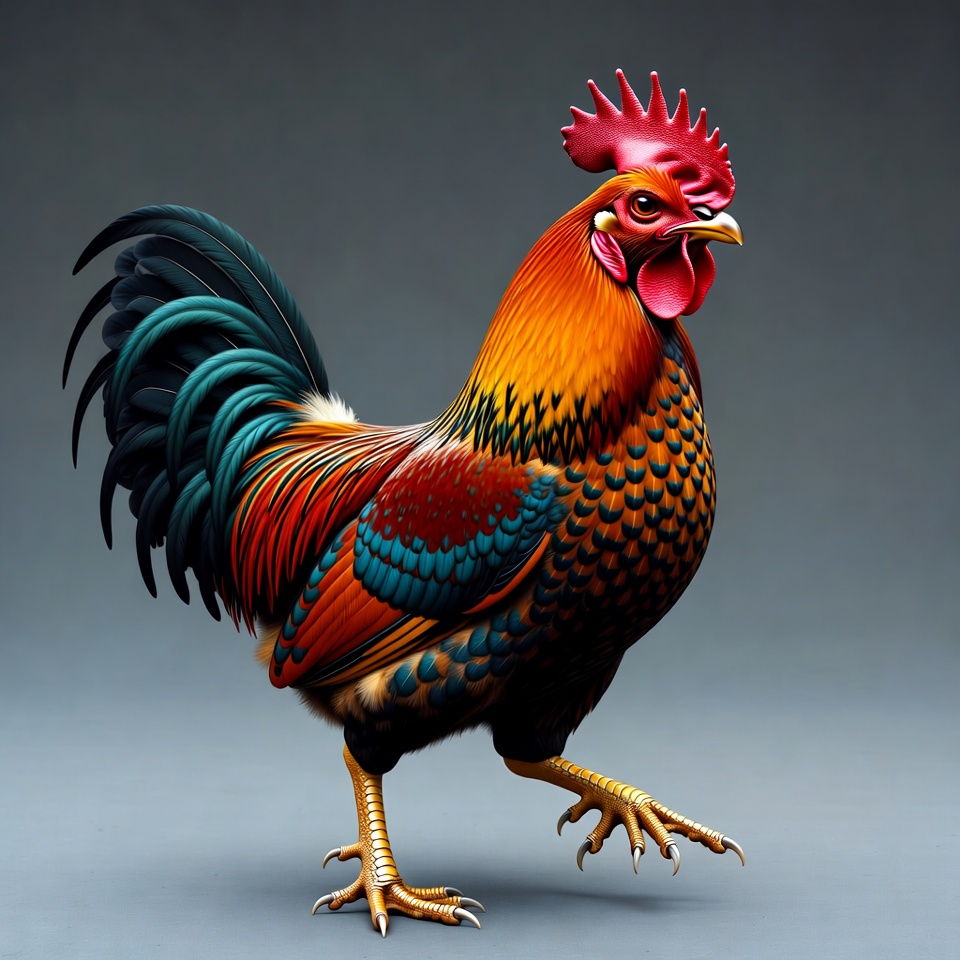 Colorful rooster walking on a gray background Colorful rooster walking on a gray background