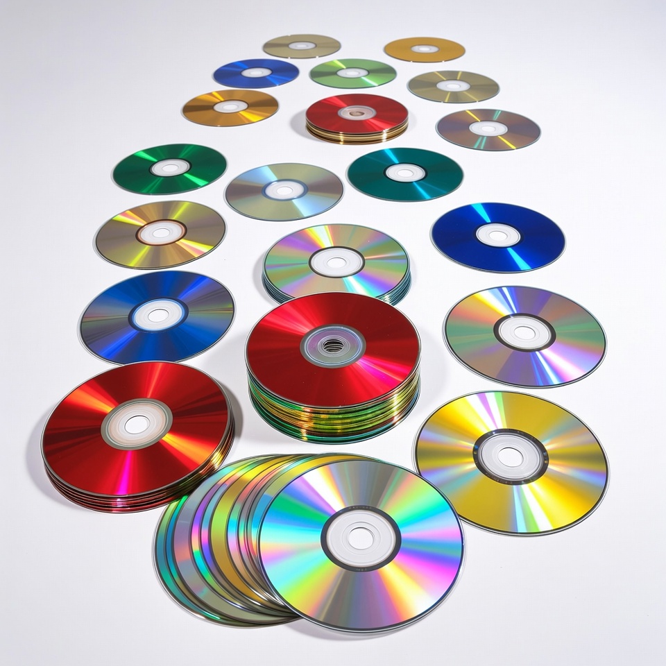 Collection of colorful compact discs on display Collection of colorful compact discs on display