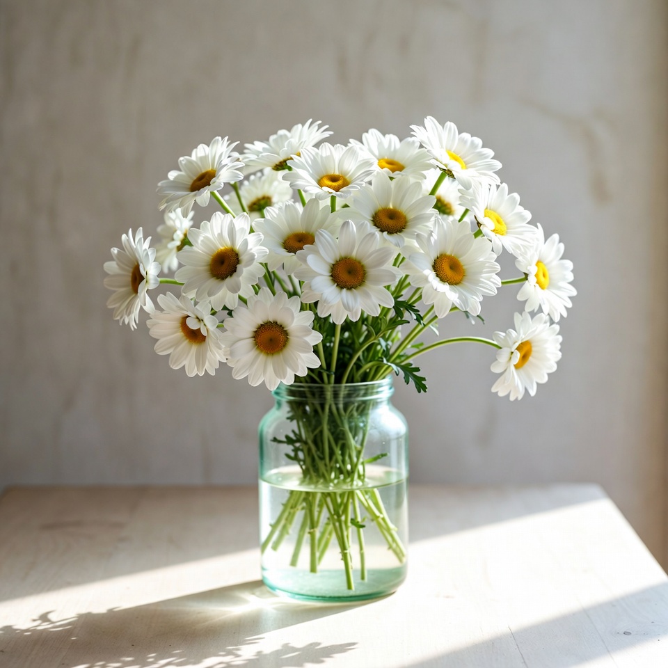 Daisies in glass jar with sunlight Daisies in glass jar with sunlight