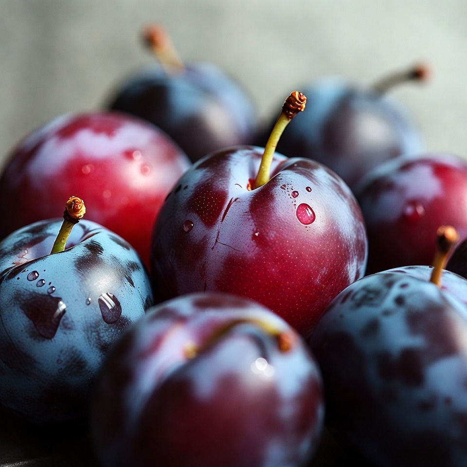 Plums with water droplets on surface Plums with water droplets on surface
