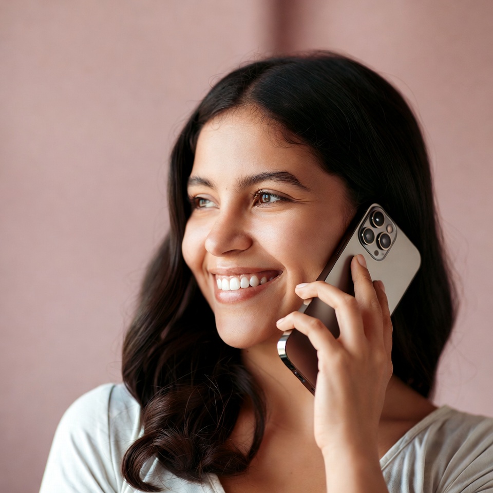 Smiling woman on phone call Smiling woman on phone call