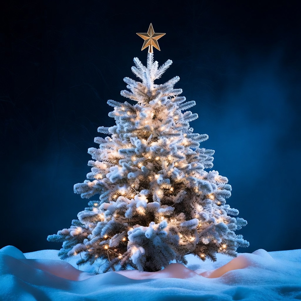 Christmas tree with star on top at night Christmas tree with star on top at night