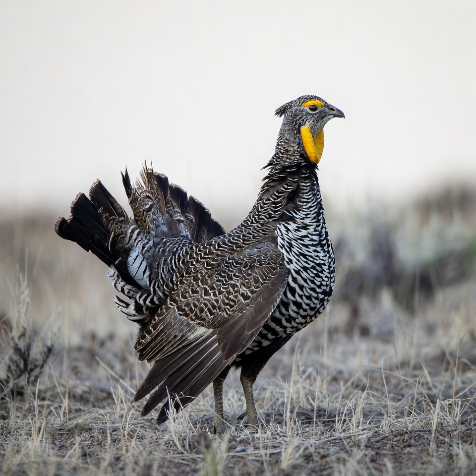 Bird displays feathers in dry grassland Bird displays feathers in dry grassland