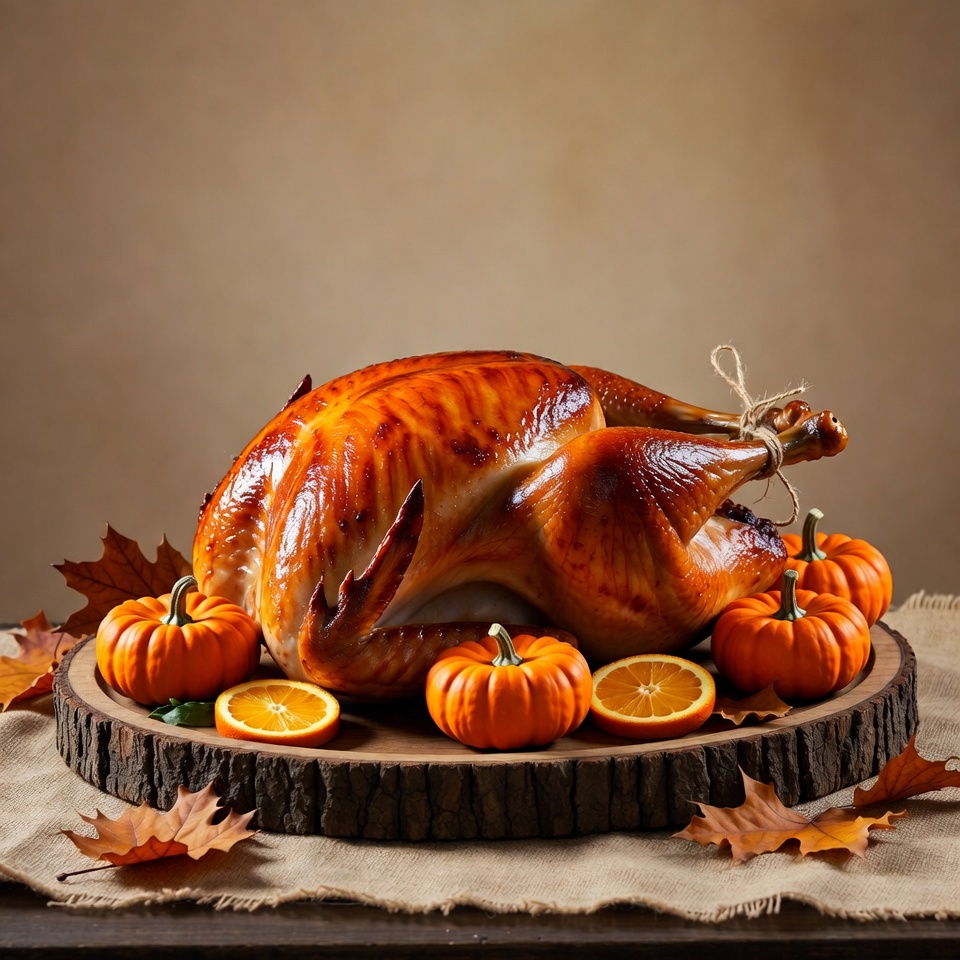 Turkey with pumpkins and oranges on table Turkey with pumpkins and oranges on table