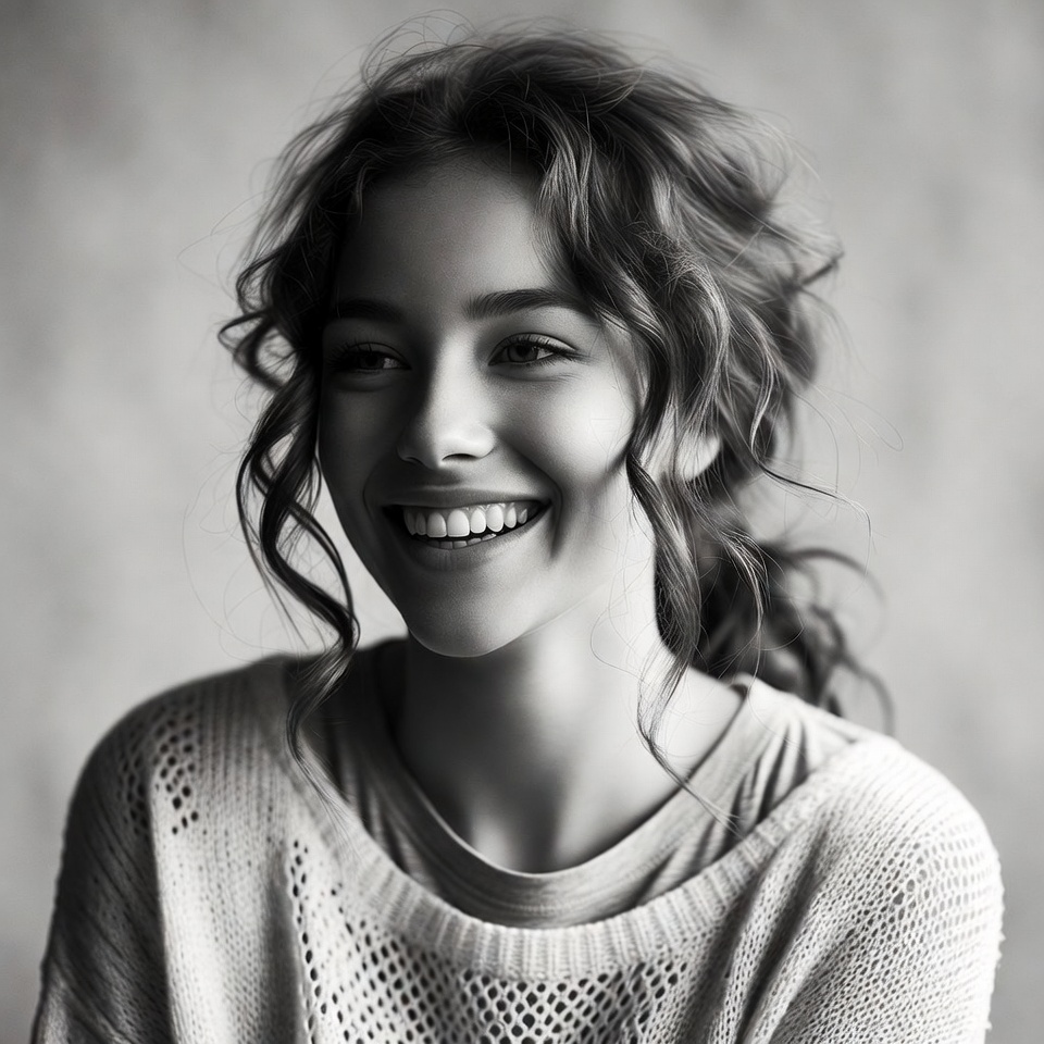 Woman smiling in a casual setting Woman smiling in a casual setting