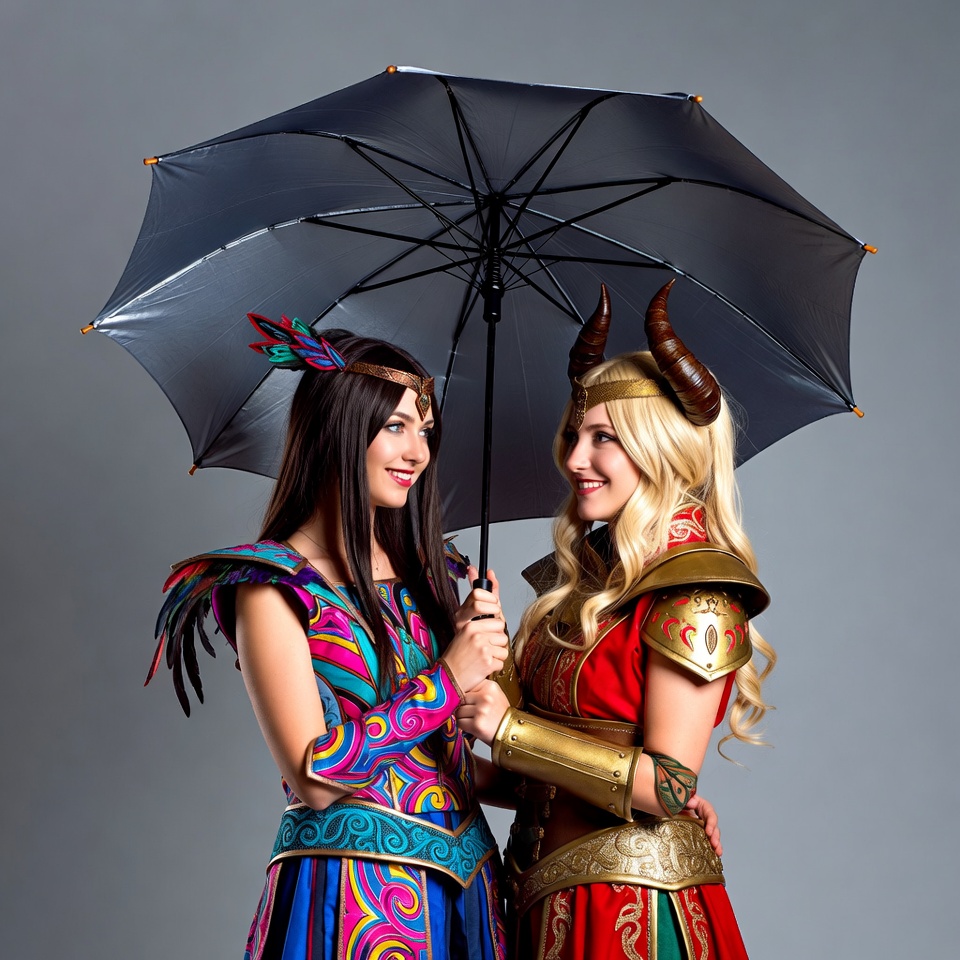 Friends sharing an umbrella in costumes Friends sharing an umbrella in costumes