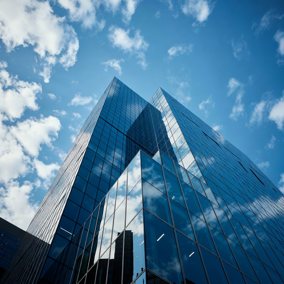 Modern buildings reflect clouds in sky Modern buildings reflect clouds in sky