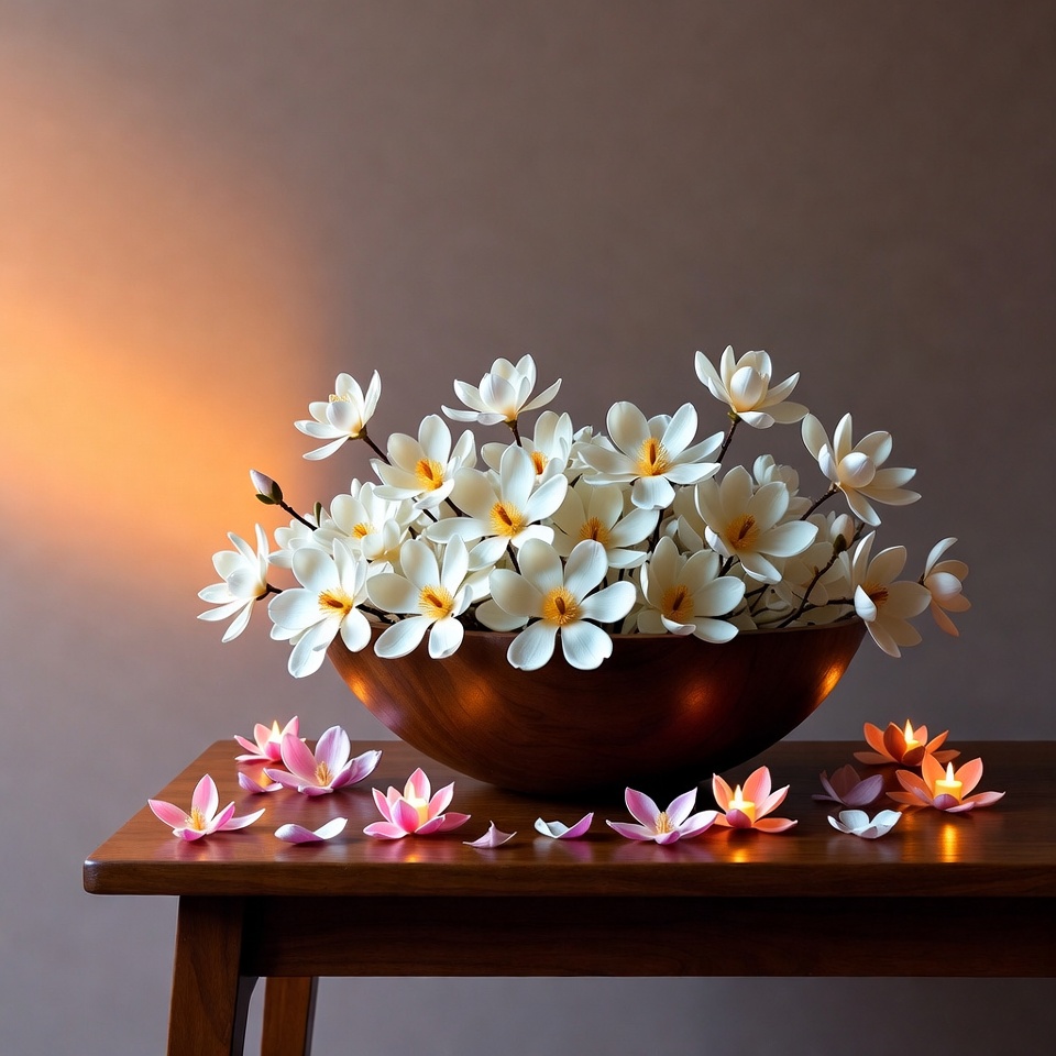 Bowl of white flowers on table Bowl of white flowers on table