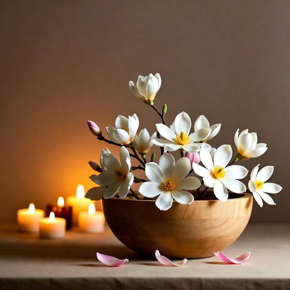 Flowers in a wooden bowl with candles Flowers in a wooden bowl with candles