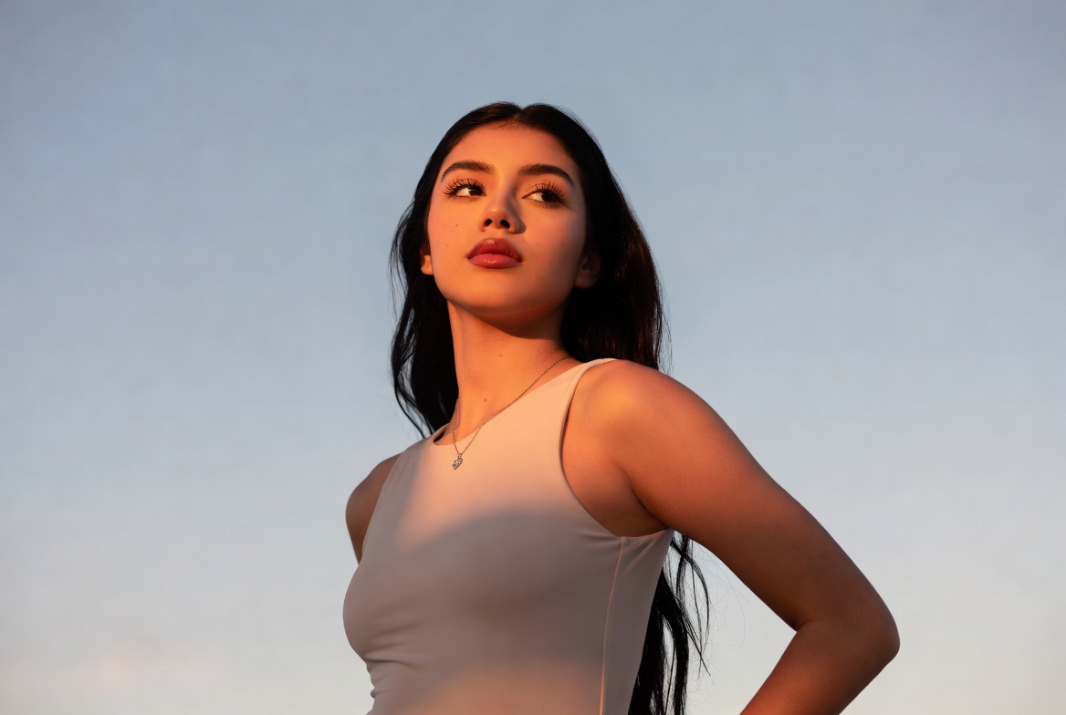 Model posing against sunset sky Model posing against sunset sky