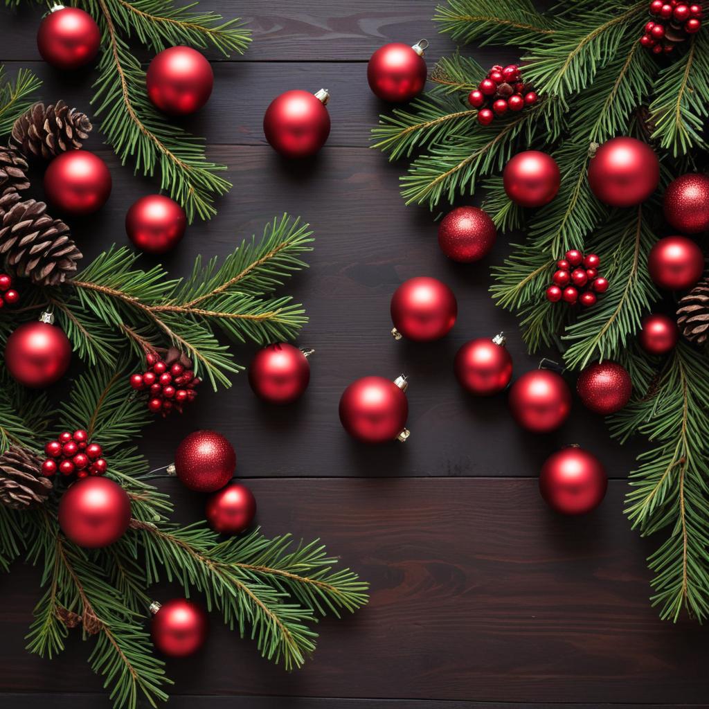 Red ornaments and pine branches arrangement Red ornaments and pine branches arrangement