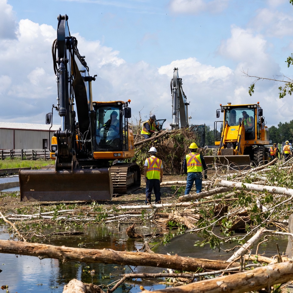 Heavy machinery clears debris from area Heavy machinery clears debris from area