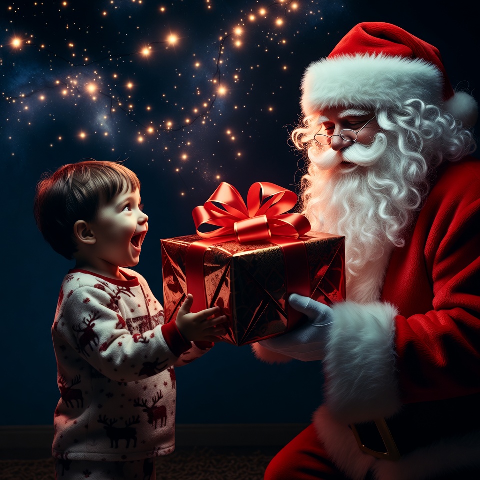 Child receives gift from santa claus Child receives gift from santa claus
