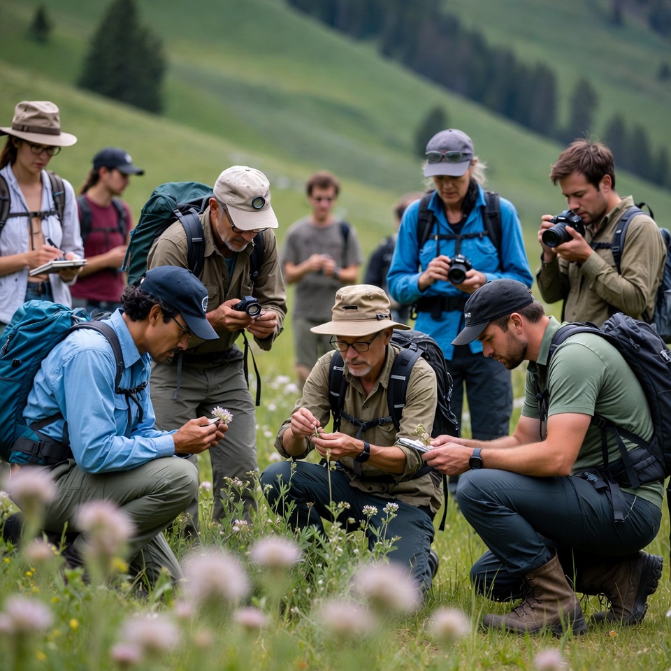 Group learns about plants in meadow Group learns about plants in meadow