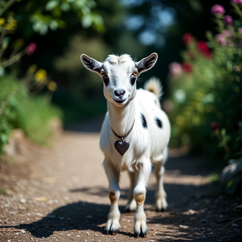 Goat walking on garden path Goat walking on garden path