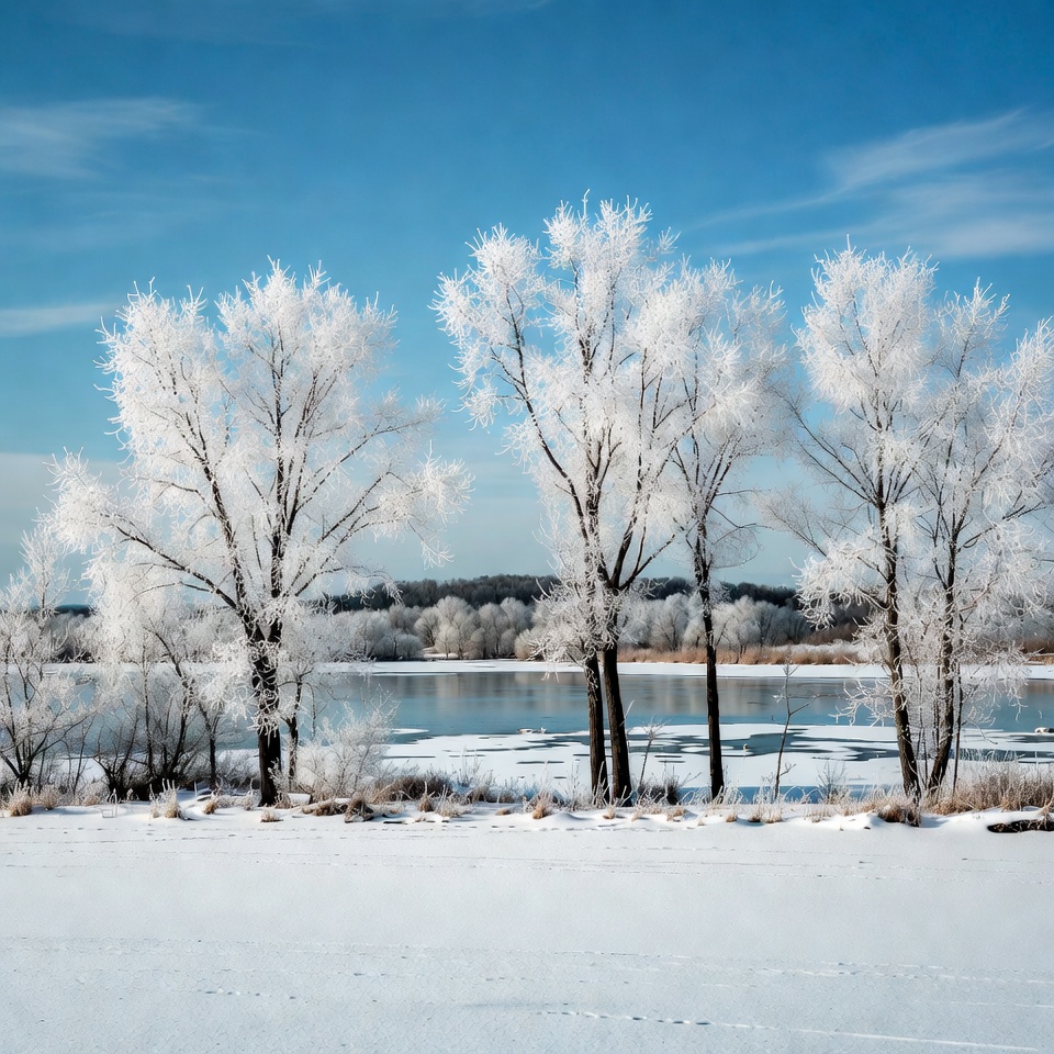 Winter trees by the frozen lake Winter trees by the frozen lake