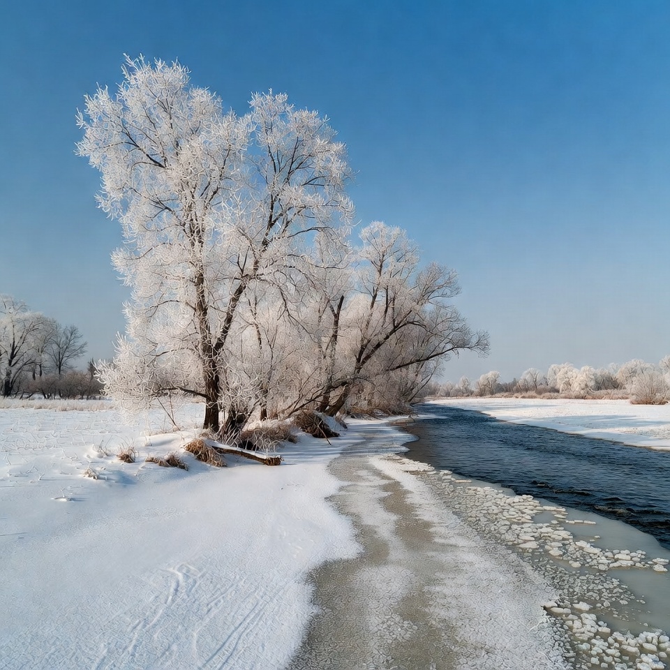 Frosty river and trees in winter landscape Frosty river and trees in winter landscape