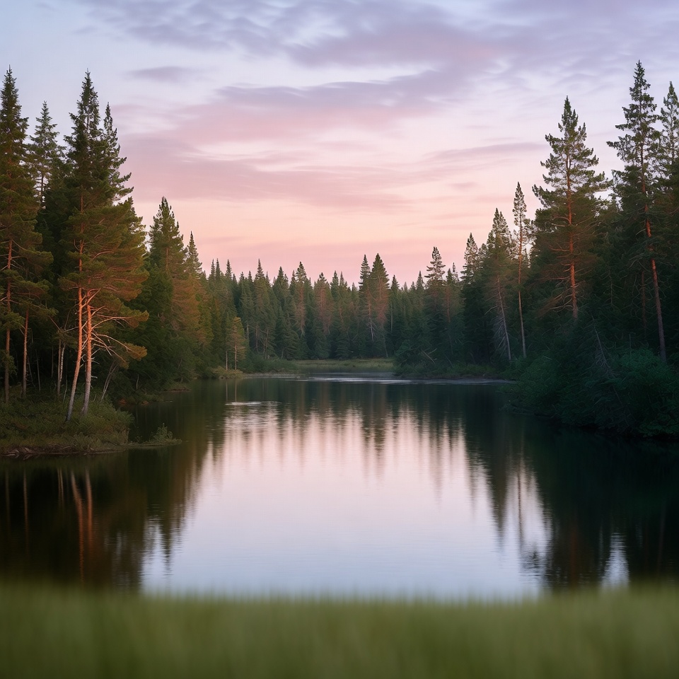 Sunset over calm forest lake Sunset over calm forest lake