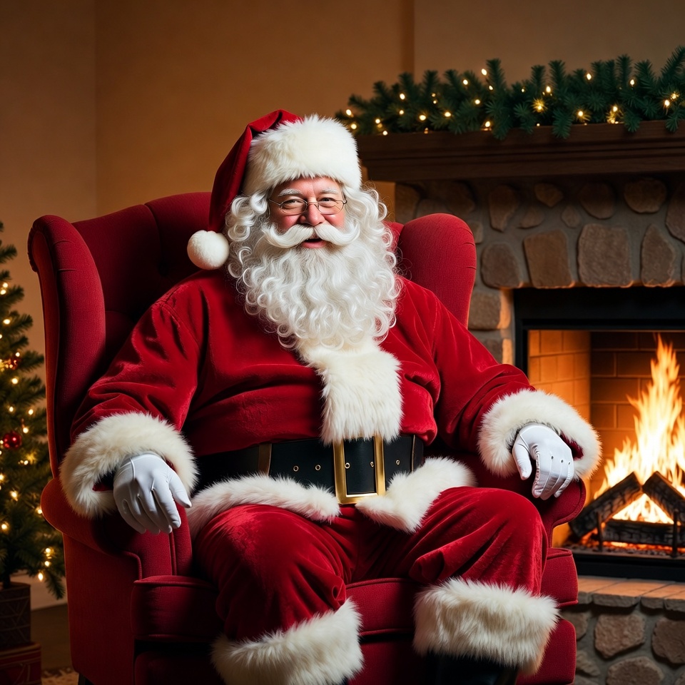 Santa sits in chair by fireplace Santa sits in chair by fireplace