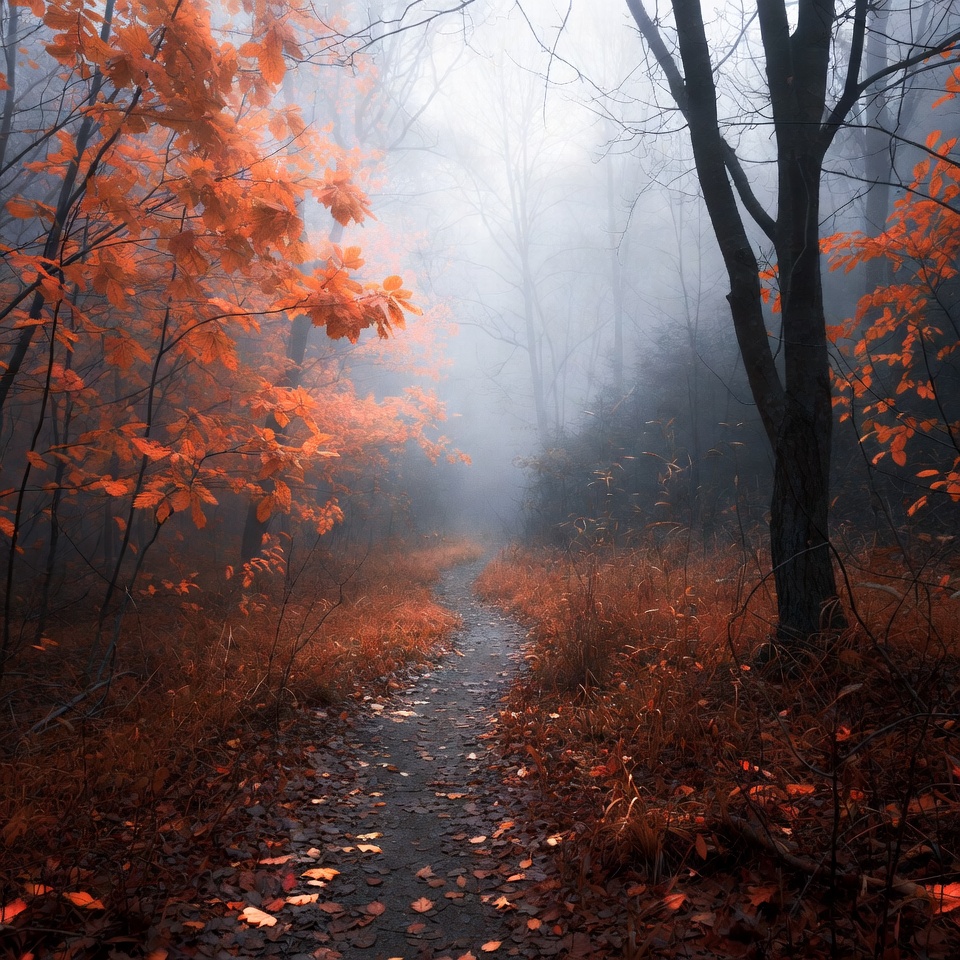 Path through foggy forest in autumn Path through foggy forest in autumn