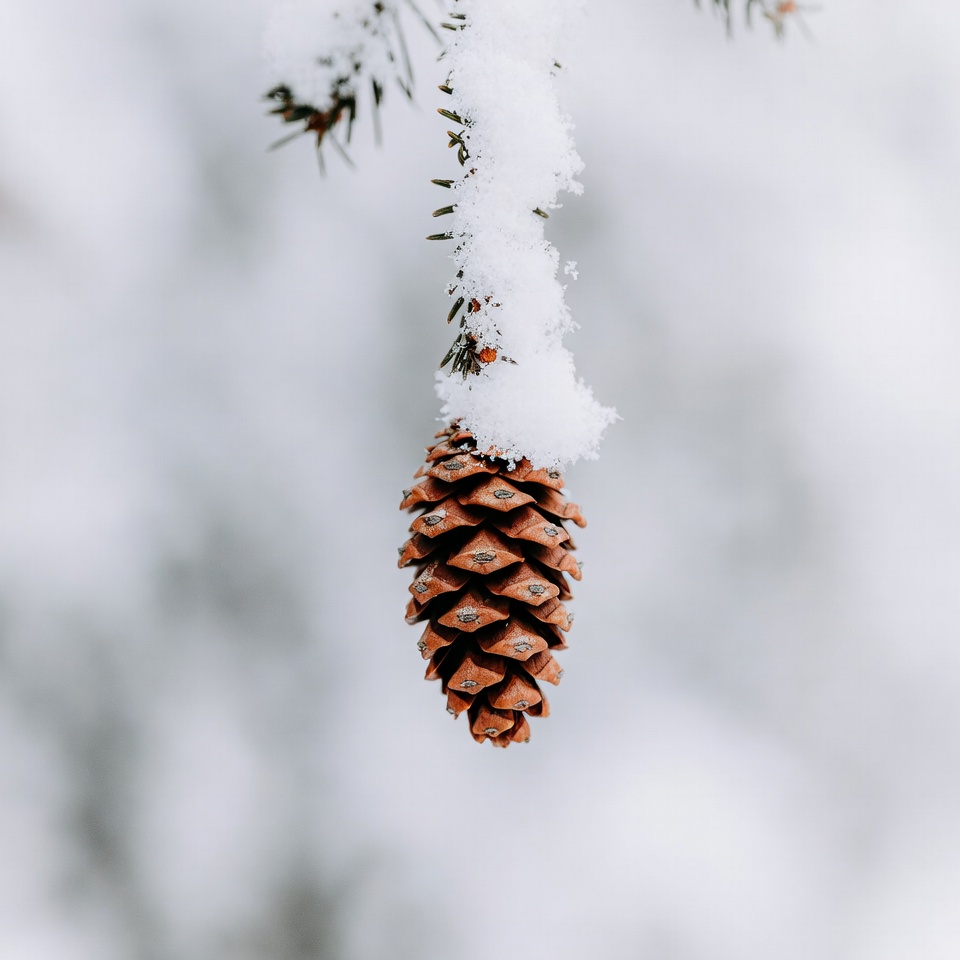 Snow-covered pine cone in winter Snow-covered pine cone in winter