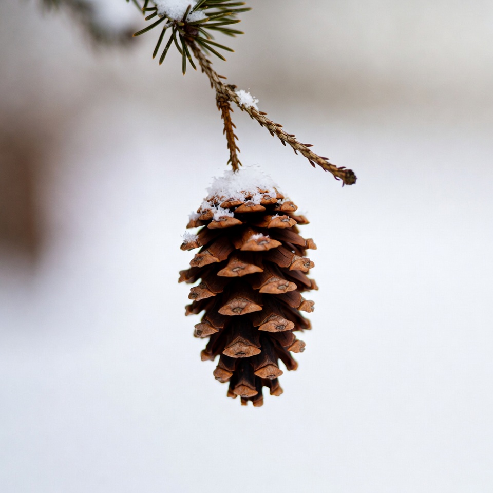Snow-covered pine cone hanging Snow-covered pine cone hanging