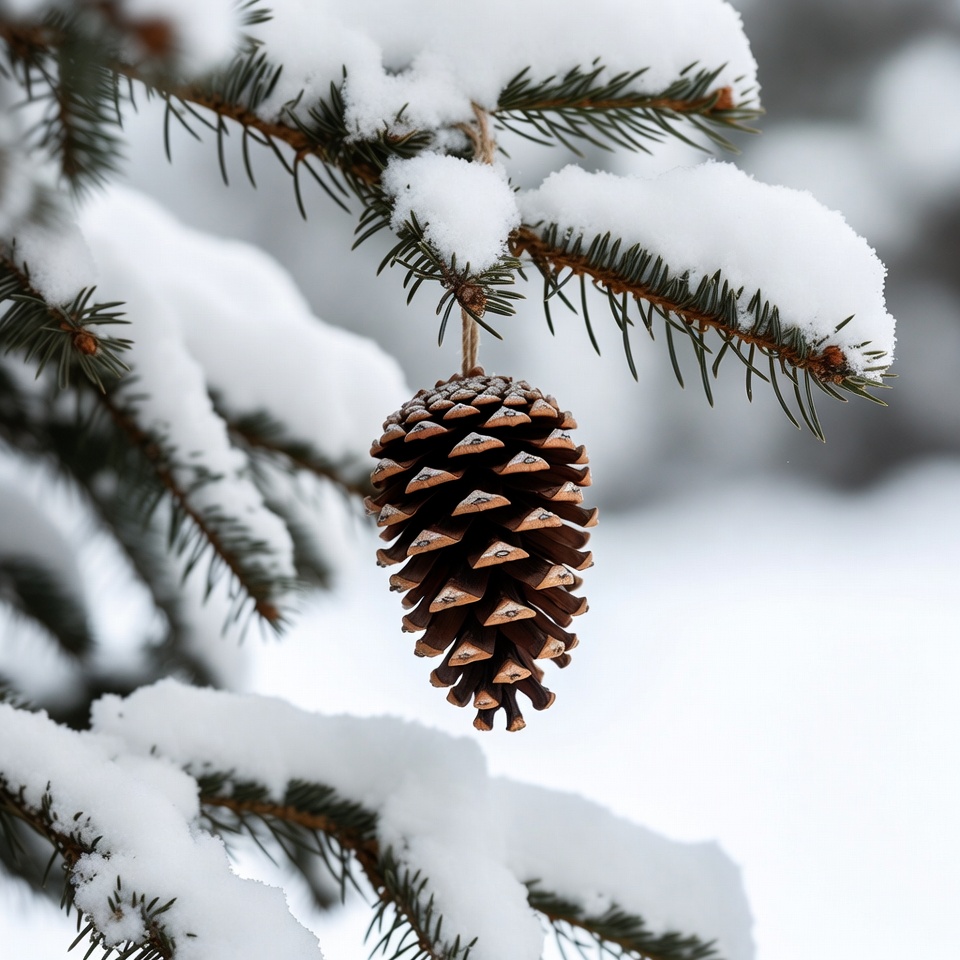 Pinecone hangs on snowy branch Pinecone hangs on snowy branch