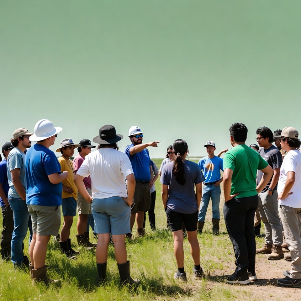 Group meeting in a field with leader pointing Group meeting in a field with leader pointing