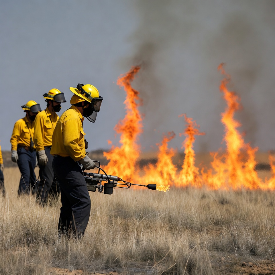 Firefighters manage controlled burn in field Firefighters manage controlled burn in field