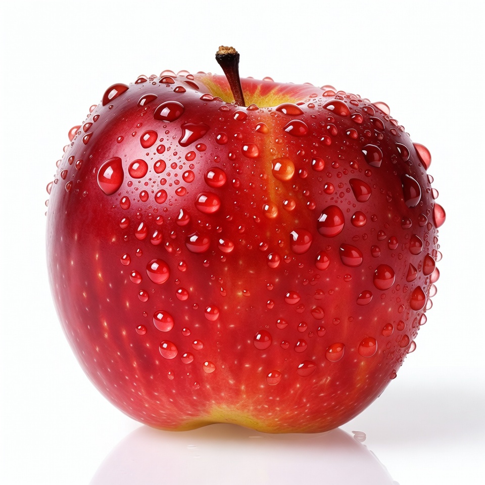 Red apple with water droplets on surface Red apple with water droplets on surface