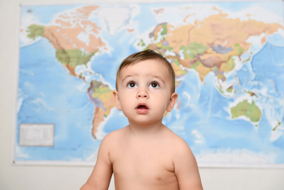 Child looks up at world map Child looks up at world map