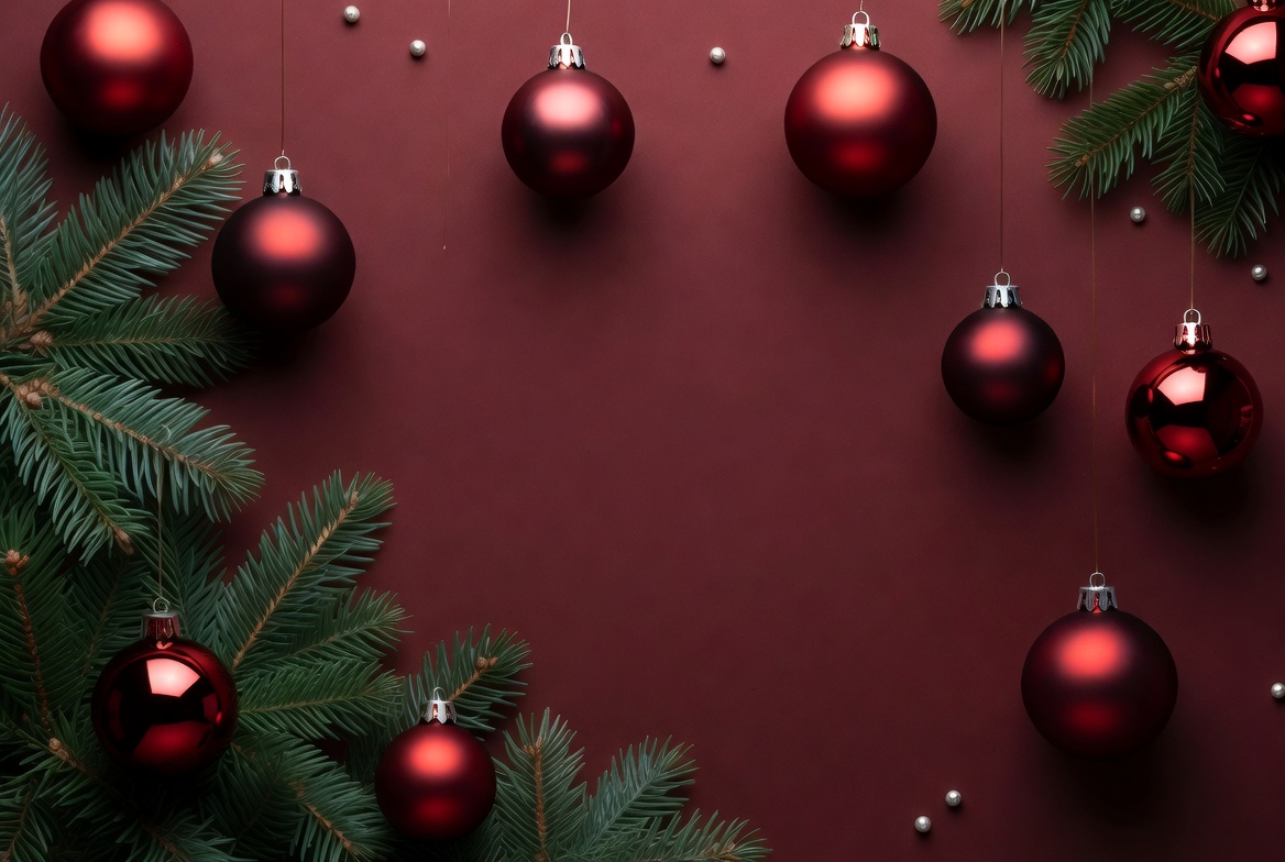 Red ornaments with green pine branches Red ornaments with green pine branches