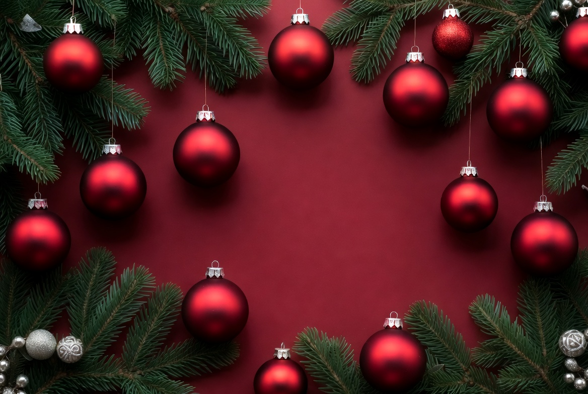 Red ornaments with pine branches Red ornaments with pine branches