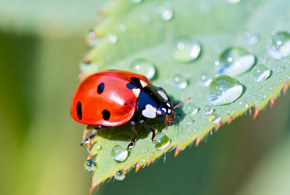 Ladybug on leaf with dew Ladybug on leaf with dew