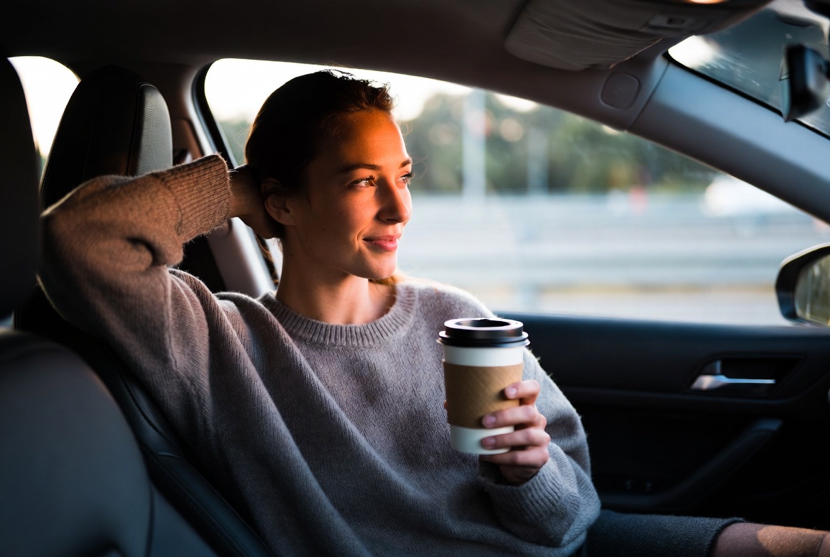 Woman enjoying coffee in car Woman enjoying coffee in car