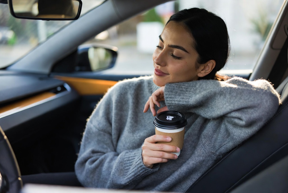 Woman enjoys coffee in car Woman enjoys coffee in car